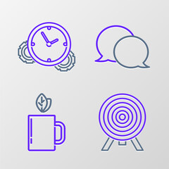 Canvas Print - Set line Target, Cup of tea and leaf, Speech bubble chat and Time Management icon. Vector