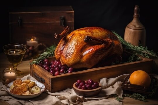 Roast duck in a baking dish on a wooden table with other ingredients to serve a festive dinner. AI generative