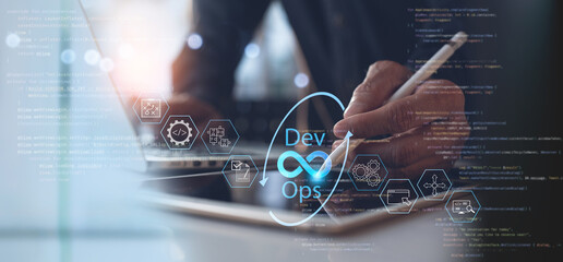 Wall Mural - devops software development and it operations, software engineer, project manager working in agile m