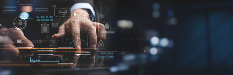 Wall Mural - cyber security network. data protection concept. businessman using digital tablet with digital padlo