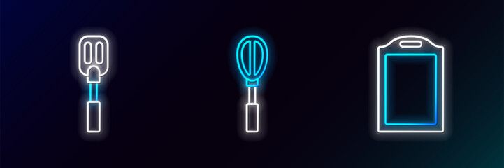 Wall Mural - Set line Cutting board, Spatula and Kitchen whisk icon. Glowing neon. Vector