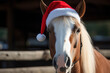 horse in Santa hat. Horse in Christmas hat looks at place for text. Symbol of the year. chinese horoscope. Calendar. New year 2024. Holiday, december, Merry Christmas, Happy New Year. Santa claus cap