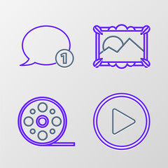 Poster - Set line Play in circle, Film reel, Picture landscape and Speech bubble chat icon. Vector