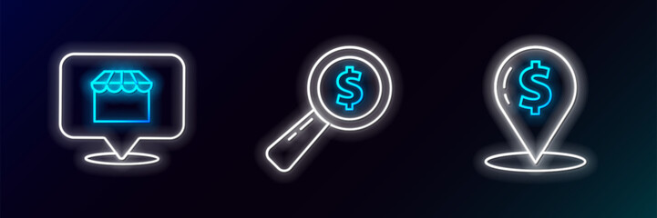 Poster - Set line Cash location pin, Online shopping concept and Magnifying glass and dollar icon. Glowing neon. Vector