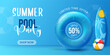 summer pool party banner design with vector swiming ring, surfboard and ball