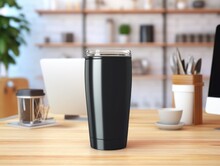 Black Stainless Steel Sublimation Blank Tumblers With Straw, Product Shot, Office Background. Metal Glass And Plastic Cup, Thermos And Shaker Design. Generative AI Illustration.