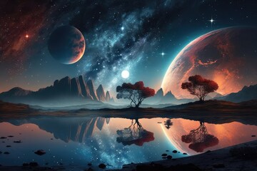 Wall Mural - landscape with galaxy background with fantasy night starry sky. distinct generative ai image.