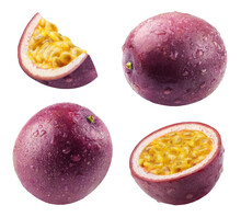 Passion Fruit Isolated. Ripe Passion Fruit, Half And Slice Of Fruit In Drops Of Water On A White Background.