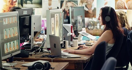 Photography editing, working computer app of a woman with headphones on a desktop in office. Photo editor work, creative content manager and employee planning tech magazine layout for online website