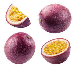 passion fruit isolated. ripe passion fruit, half and slice of fruit in drops of water on a white bac