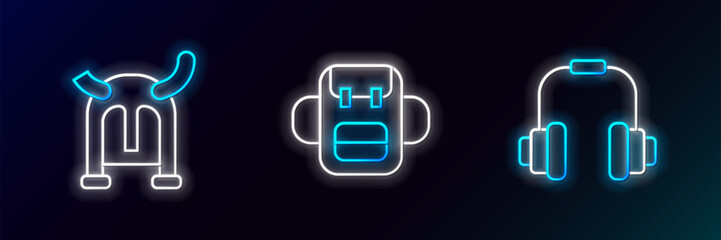 Poster - Set line Headphones, Viking in horned helmet and School backpack icon. Glowing neon. Vector