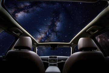 Wall Mural - car interior with galaxy and nebula background, first person view. vehicle in space for futuristic t