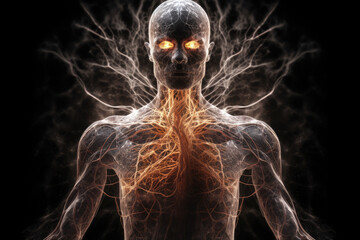 Wall Mural - astral body silhouette on dark background. esoteric, spiritual life and meditation concept. afterlif