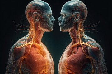 Two spiritual human bodies on dark background. Souls connection. Created with Generative AI