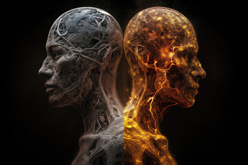 Wall Mural - two spiritual human bodies on dark background. souls connection. created with generative ai