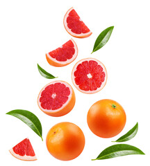 Wall Mural - grapefruit isolated. grapefruit levitation, fruit slices and green leaves on a white background.