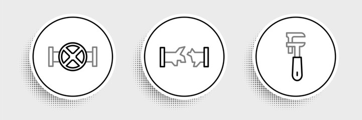 Set line Pipe adjustable wrench, Industry pipe and valve and Broken icon. Vector