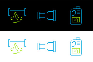 Poster - Set line Drain cleaner bottle, Broken pipe and Pipe adapter icon. Vector