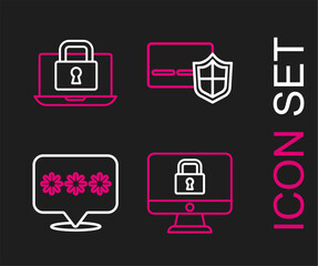 Sticker - Set line Lock on monitor, Password protection, Credit card with shield and Laptop and lock icon. Vector