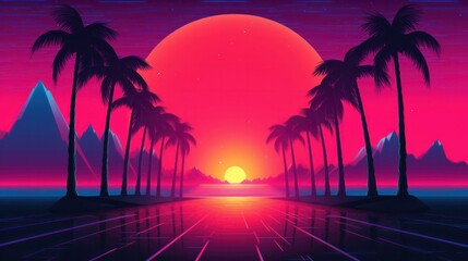 Retrowave sunset with palm trees wallpaper background. 90s era. Generative AI