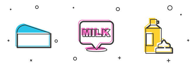 Sticker - Set Cheese, Lettering milk and Whipped cream bottle icon. Vector