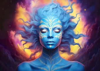 Wall Mural - Avatar female portrait in painting style. Background with pleasant soothing colors. Generative AI.