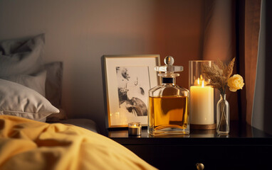 Interior decor vignette still life of glass perfume, cologne, or liquor bottle in luxury bedroom with warm golden candlelight, Generative AI
