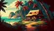 Tropical landscape with a lonely house near the ocean at sunset and palm trees. Illustration by Generative AI.