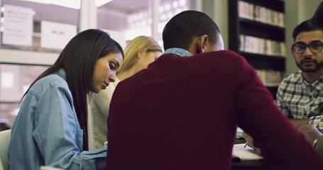 Poster - Study, writing and college with students in library for research, learning and project teamwork. School, thinking and diversity with group of people in university for idea, support and community