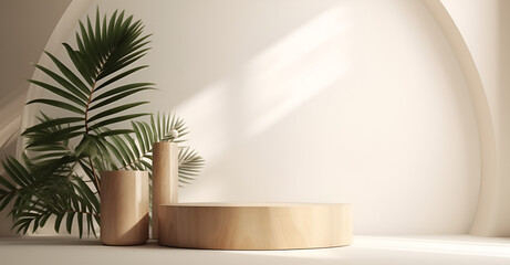 Modern, minimal round wooden podium tray on white table, palm tree in sunlight, leaf shadow on wall for luxury beauty, cosmetic, organic, nature, health, food product display 