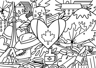 Wall Mural - mural of canada flag in heart shape decorated with the country famous element and icons