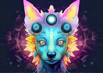 Wall Mural - Dog portrait is an imagined cyberpunk representation. Pleasant soothing color background image. Generative AI.