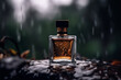 Modern glass men perfume bottle among black rocks in the rain, fragrance and perfumery, post-processed, generative ai