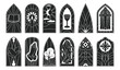 Stained glass vector black icon set . Collection vector illustration window church on white background. Isolated black icon set stained glass for web design.