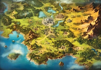 Wall Mural - Fantasy map for a game, game board, generative ai