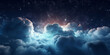 Fluffy volumetric clouds at night against a dark blue sky with stars background. A.I. generated.