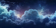 Fluffy Volumetric Clouds At Night Against A Dark Blue Sky With Stars Background. A.I. Generated.