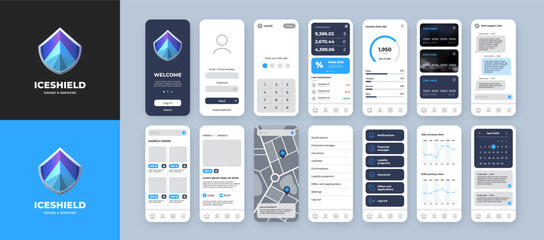 Wall Mural - ui ux mobile app template with blue shield gradient logo and bright background