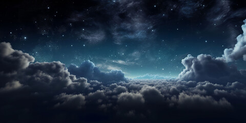 fluffy volumetric clouds at night against a dark blue sky with stars background. a.i. generated.