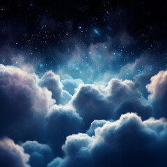 Fluffy volumetric clouds at night against a dark blue sky with stars background. A.I. generated.