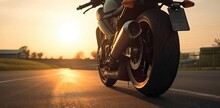 Motorbike On Road Driving At Sunset With Copyspace Generative AI