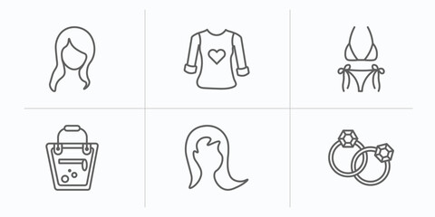 Canvas Print - woman clothing outline icons set. thin line icons such as female with long hair, heart shaped clothes, string bikini, female handbag, female long hair, round earrings vector.