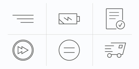 user interface outline icons set. thin line icons such as side menu, charging status, checked, next page, equal, express vector.