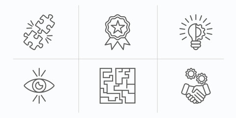 Wall Mural - success outline icons set. thin line icons such as puzzle, quality, innovation, vision, maze, cooperation vector.