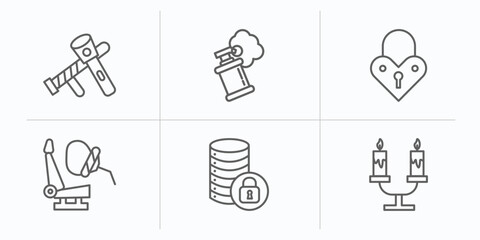 Sticker - security outline icons set. thin line icons such as police tools, smoke grenade, padlocks, airbag, secure database, candles light vector.