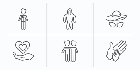 Sticker - people outline icons set. thin line icons such as ceo man, protective suit, hat and glasses, heart in hands, hugging, hand of an adult vector.