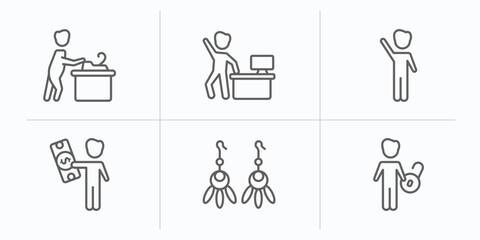 Sticker - people outline icons set. thin line icons such as carpenter working, worker success, waving goodbye, man with money, earings, man with open lock vector.