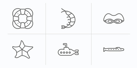 Wall Mural - nautical outline icons set. thin line icons such as big float, prawn facing left, swin goggle, big starfish, submarine facing right, submarine vector.