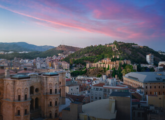 Sticker - Aerial view of Malaga with Alcazaba Fortress and Gibralfaro Castle at Sunset - Malaga, Andalusia, Spain