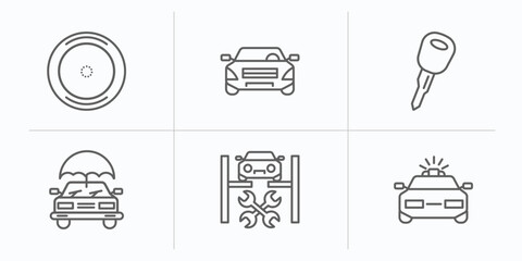 Canvas Print - mechanicons outline icons set. thin line icons such as car wheel, rectangular car, car key, with an umbrella, repairing police with light vector.